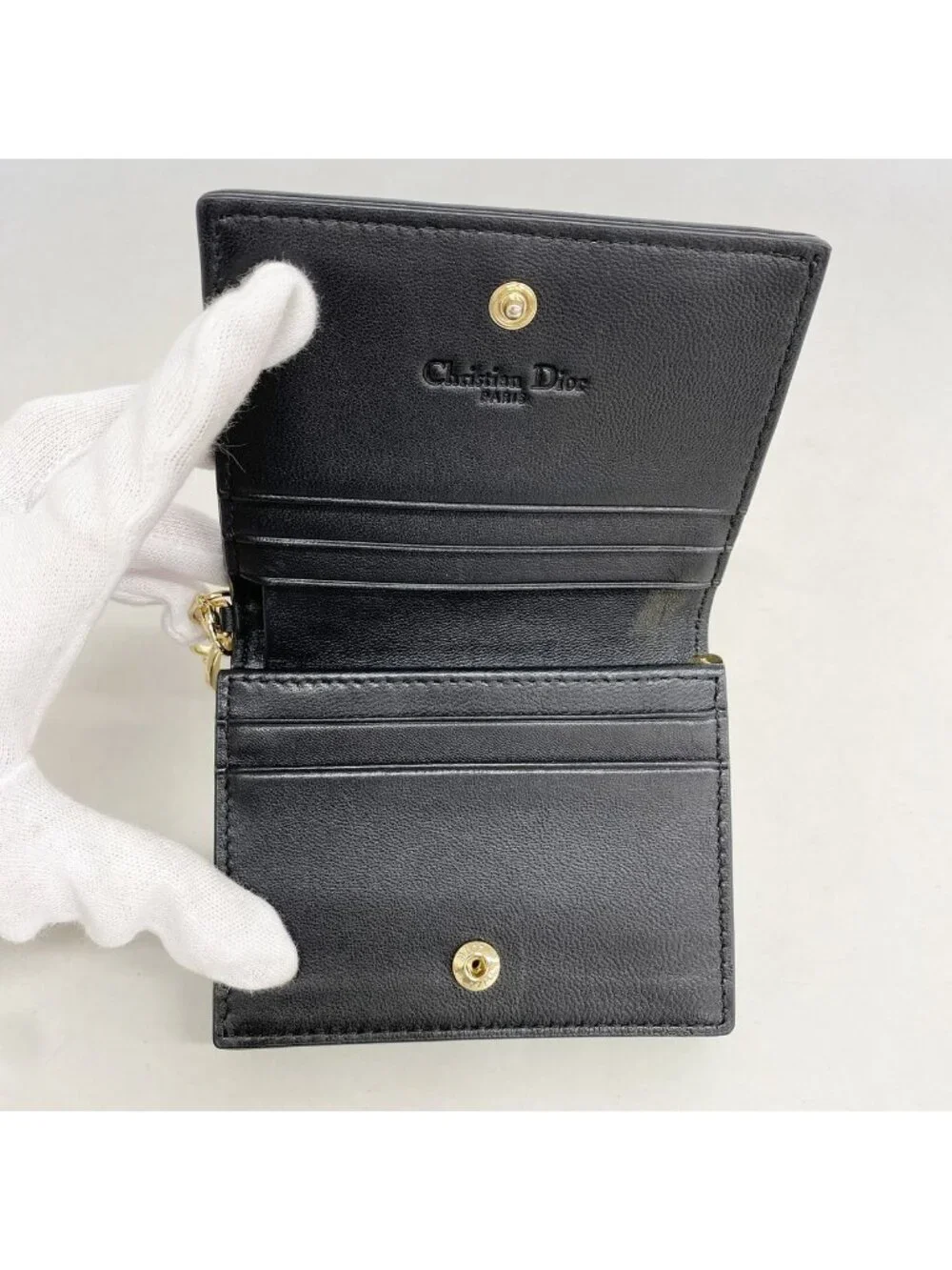 Dior Wallet Cannage Leather Black Champagne Gold